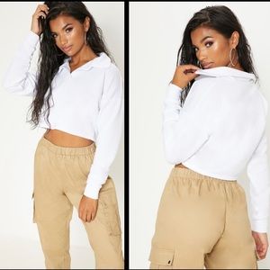 NWOT Pretty Little Thing White Long Sleeve Polo Crop Top Size 0